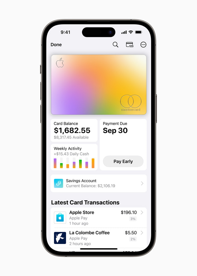 Se muestra la interfaz de la Apple Card de un usuario en un iPhone 14 Pro.