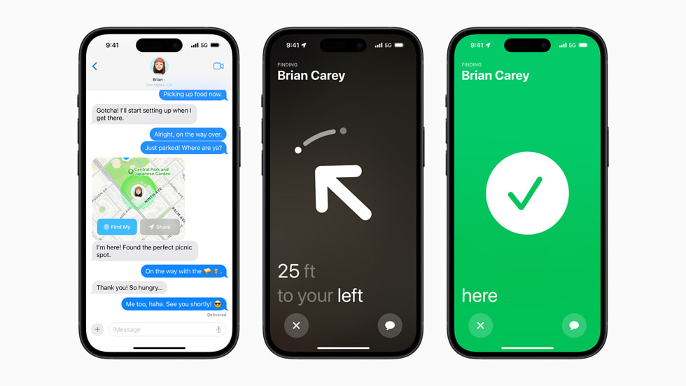 Arkadaşlarımı Bul özelliğinin gösterildiği üç adet iPhone 15 aygıtı. Bir ekranda harita görünümü, bir ekranda arkadaşın yönü, diğer ekranda ise kullanıcının doğru yere geldiğini belirten yeşil onay işareti gösteriliyor.
