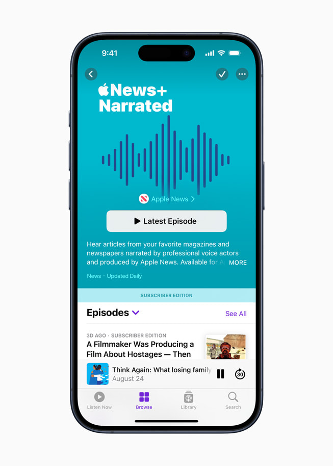 Ilustracja do programu Apple News+ Narrated w Apple Podcasts.