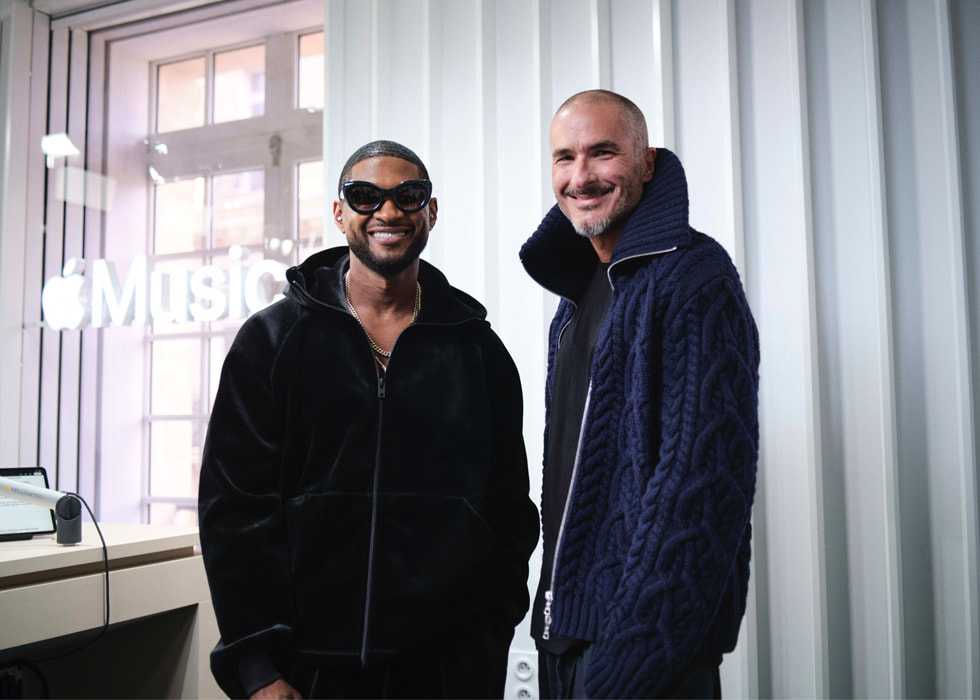Ilustracja do programu Zane Lowe Show w Apple Music. Na zdjęciu widoczni są gospodarz programu Zane Lowe i Usher.