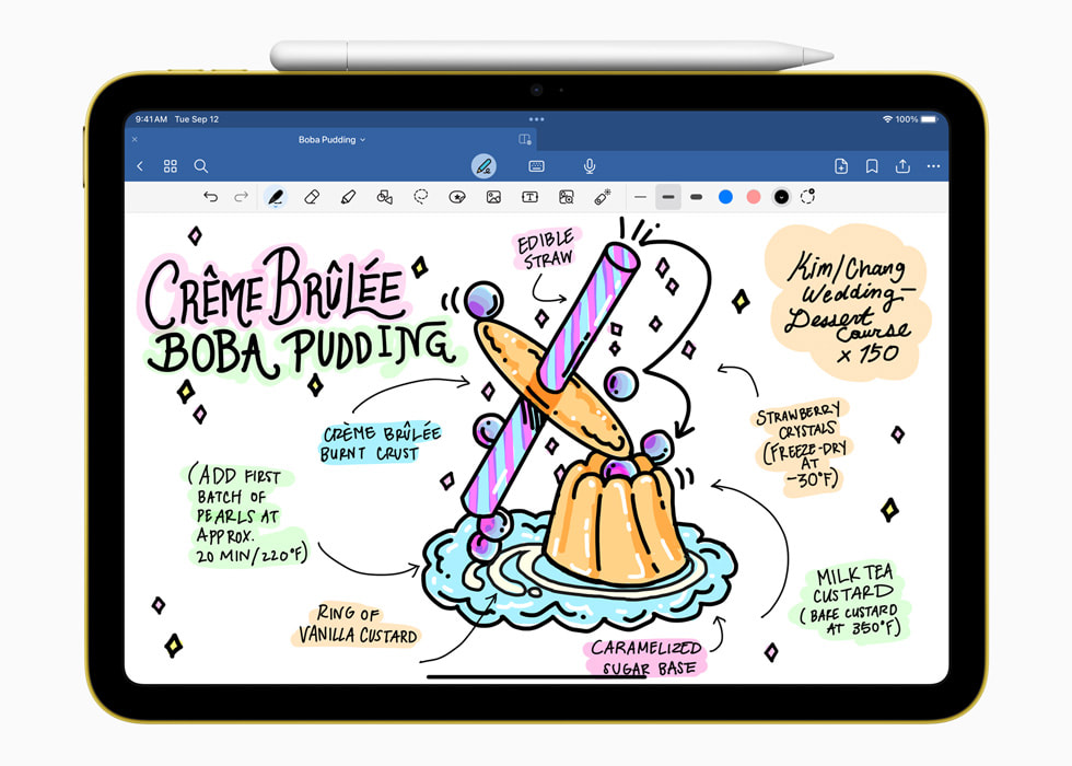 رسم لمستخدم في تطبيق Goodnotes 6 يُعرض على iPad مع قلم Apple.
