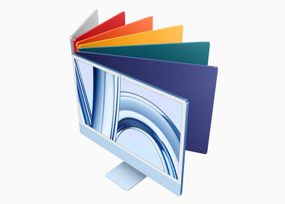 De nieuwe iMac in zeven kleuren: zilver, roze, oranje, geel, groen, paars en blauw.