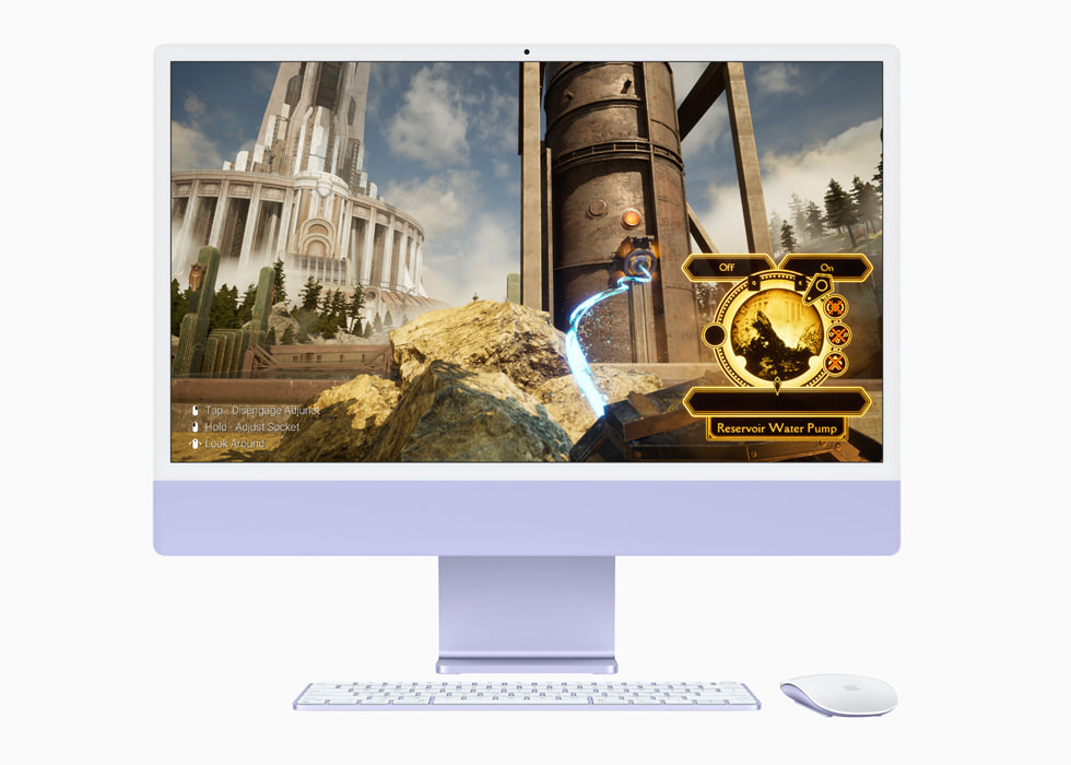 De game Firmament op een nieuwe paarse iMac met M3, met een toetsenbord en muis in bijpassende kleur.