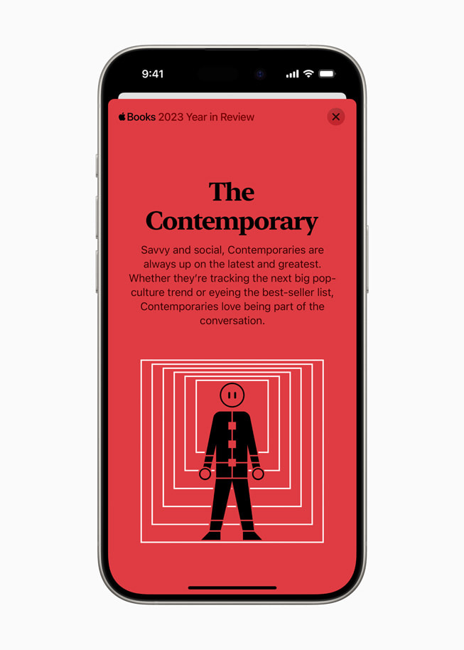 The Contemporary reader type is shown in Apple Books on iPhone 15 Pro.