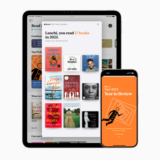 A user’s Year in Review is shown in Apple Books on 11-inch iPad Pro and iPhone 15 Pro.