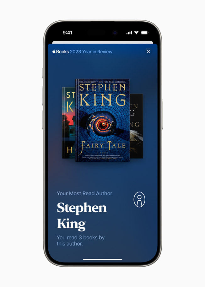 A user’s most-read author is shown in Apple Books on iPhone 15 Pro.