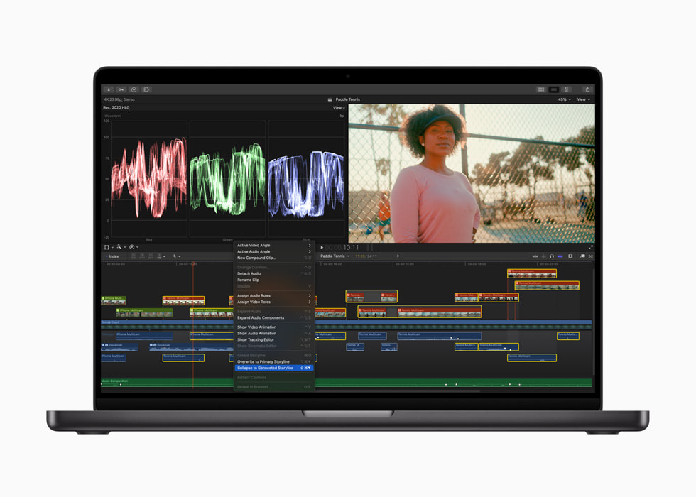 Mac için Final Cut Pro iş akışında bir menü kullanıcıya “Bağlı Olay Örgüsüne Daralt” seçeneğini gösteriyor.