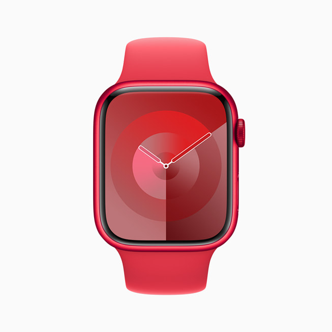 레드 색상의 팔레트 워치 페이스가 Apple Watch Series 9 (PRODUCT)RED에 표시되어 있다.