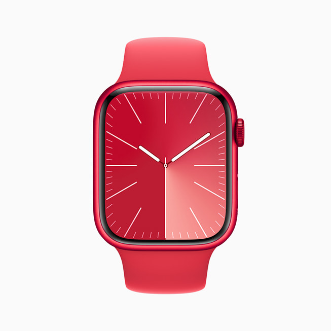 레드 색상의 태양 아날로그 워치 페이스가 Apple Watch Series 9에 표시되어 있다.