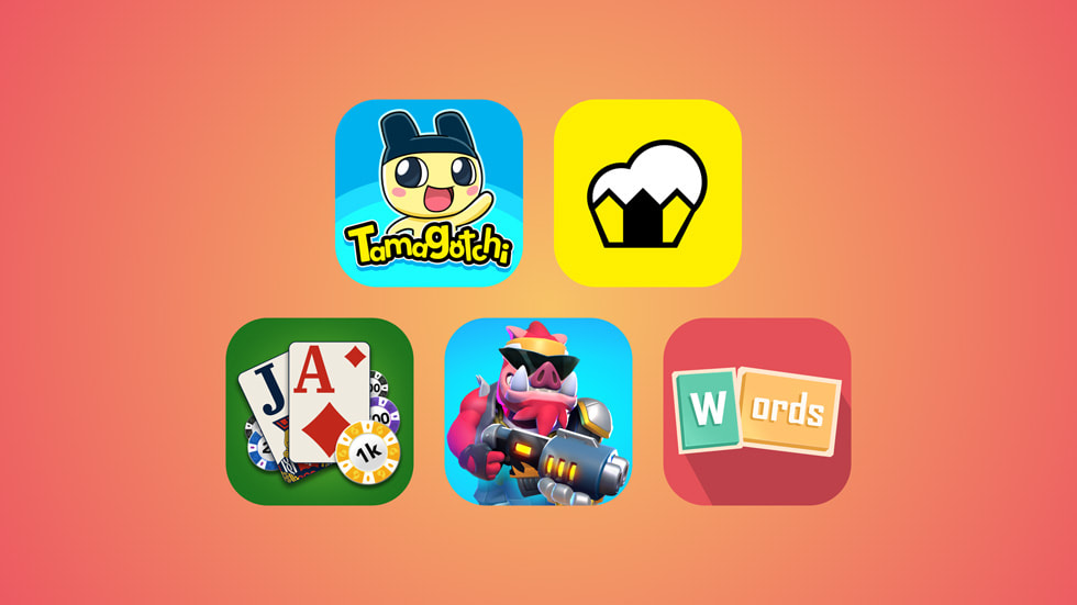 Tamagotchi Adventure Kingdom, Cornsweeper, Blackjack by MobilityWare+, BEAST: Bio Exo Arena Suit Team, Words in Progress ve Summer Pop+ oyunlarını temsil eden simgelerden oluşan bir kolaj.