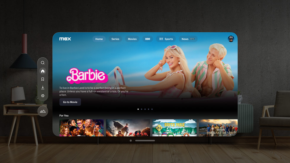 Página de vista de película de Barbie en la app Max del Apple Vision Pro.