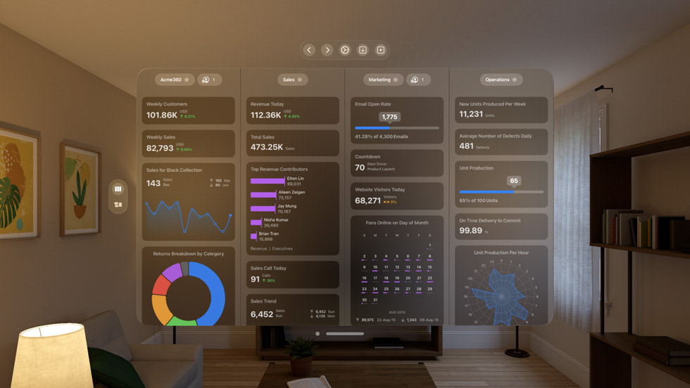Visualización de gestión de proyectos en la app Numerics del Apple Vision Pro.