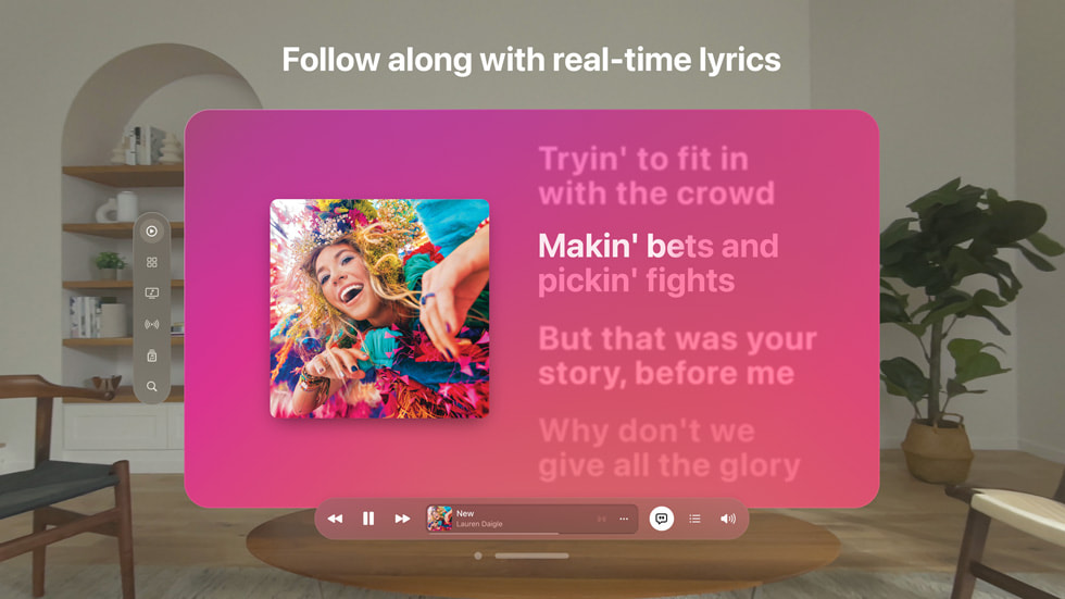 Experiencia de Letras en la app Apple Music en el Apple Vision Pro.