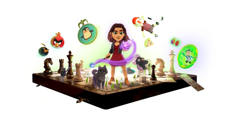Un collage que reúne elementos de Wylde Flowers, Angry Birds, stitch., WHAT THE GOLF? y Super Fruit Ninja.