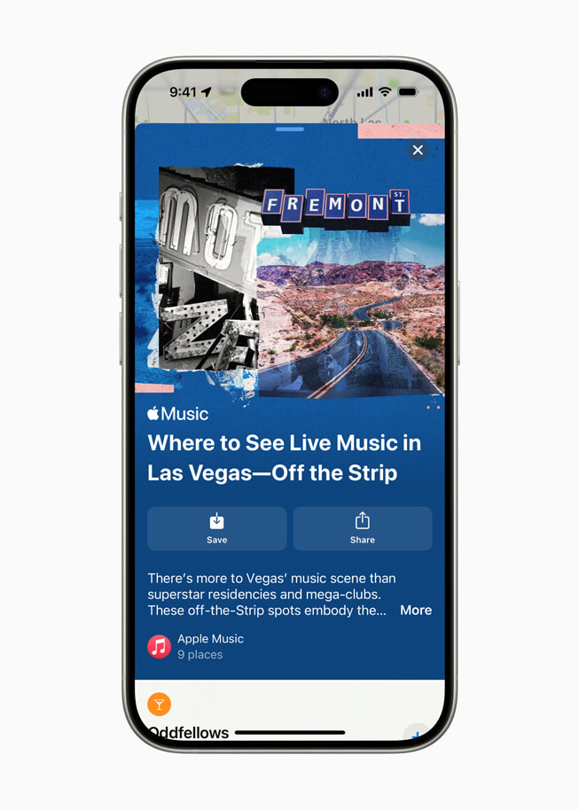 Guide i Apples Kort-app med livemusik væk fra The Strip vist på iPhone 15 Pro.