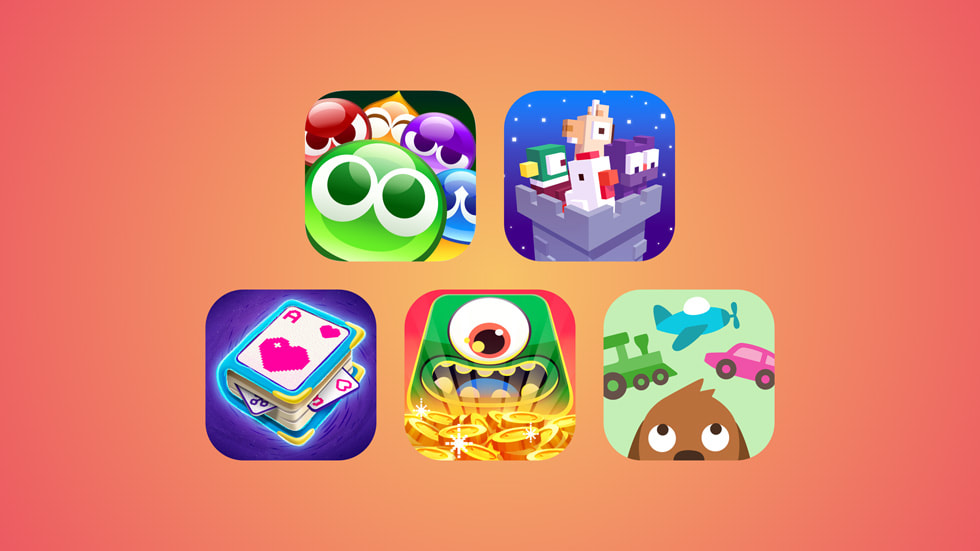 Collage de arte que representa Puyo Puyo Puzzle Pop, Crossy Road Castle, Solitaire Stories, Super Monsters Ate My Condo+ y Sago Mini Trips+.