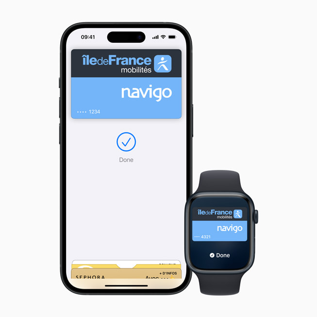 Màn hình iPhone 15 Pro và Apple Watch Series 9 hiển thị thẻ Navigo. 