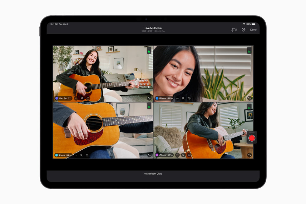 Live Multicam في تطبيق Final Cut Pro for iPad 2 معروضة على جهاز iPad Pro.