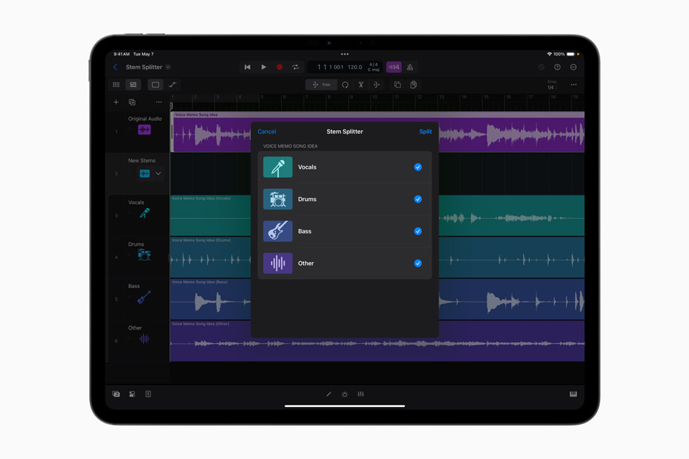 Stem Splitter في تطبيق Logic Pro for iPad 2 معروضة على جهاز iPad Pro. 