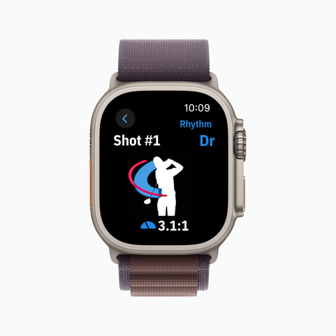 Số liệu thống kê, chẳng hạn như Nhịp Điệu, hiển thị trong ứng dụng Golfshot trên Apple Watch.