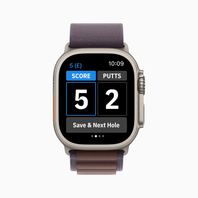 Tính năng tính điểm hiển thị trong ứng dụng Golfshot trên Apple Watch.