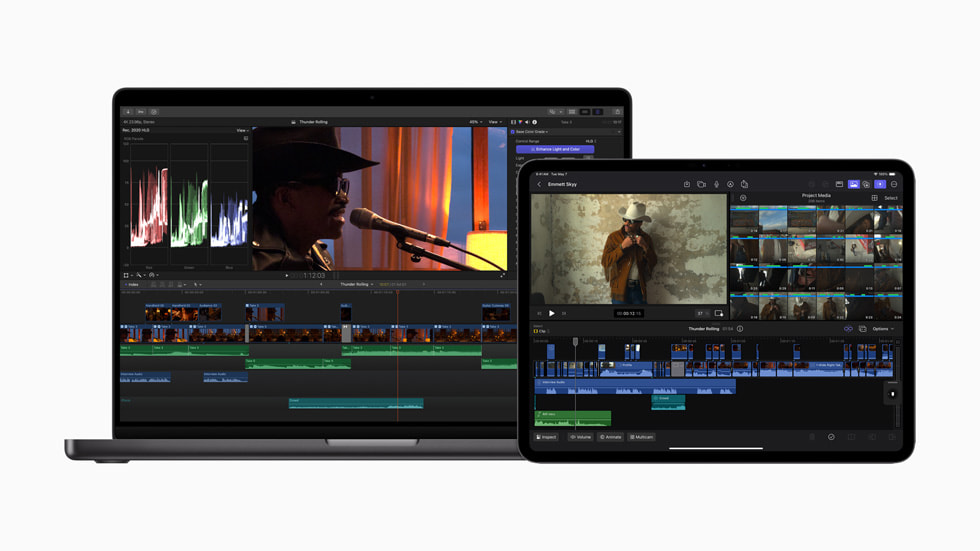 Final Cut Pro dành cho iPad 2 đang hiển thị trên iPad Pro 13 inch màu đen không gian và Final Cut Pro dành cho Mac 10.8 đang hiển thị trên MacBook Pro 16 inch màu đen không gian. 