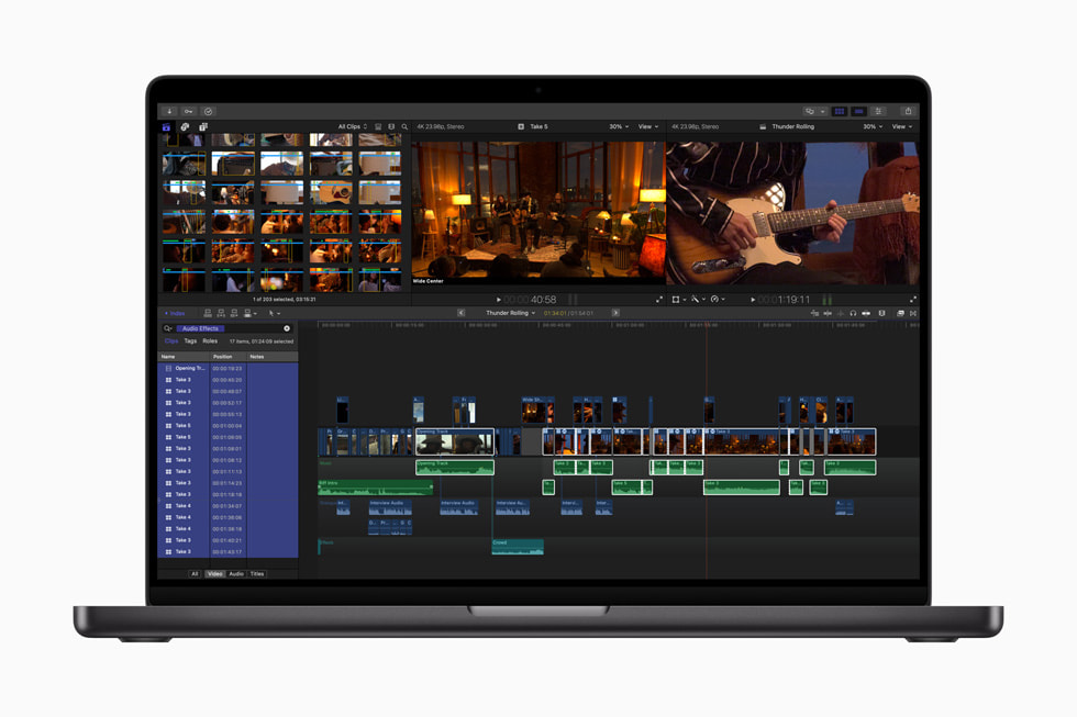 Chỉ số dòng thời gian được hiển thị trong Final Cut Pro dành cho Mac 10.8 trên MacBook Pro 16 inch màu đen không gian.