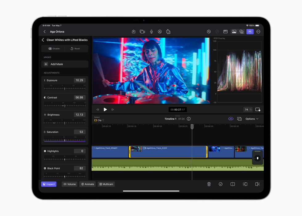 Các cấp độ màu cài đặt sẵn đang hiển thị trong Final Cut Pro dành cho iPad 2 trên iPad Pro 13 inch màu đen không gian.