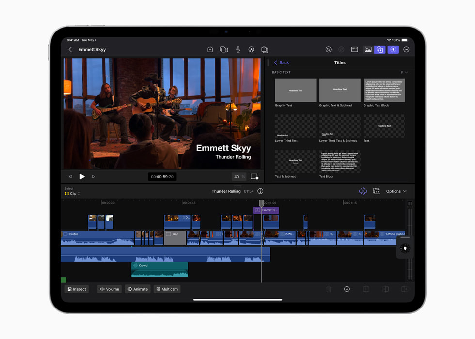 Các tựa đề văn bản cơ bản đang hiển thị trong Final Cut Pro dành cho iPad 2 trên iPad Pro 13 inch màu đen không gian.