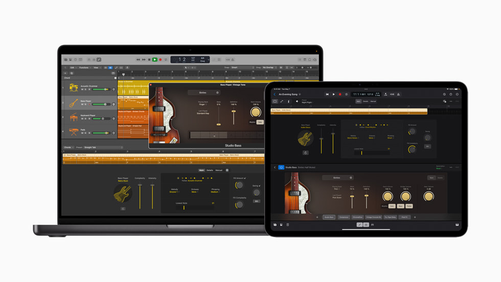Logic Pro est affiché sur un MacBook Pro 16 pouces et sur un iPad Pro 13 pouces.