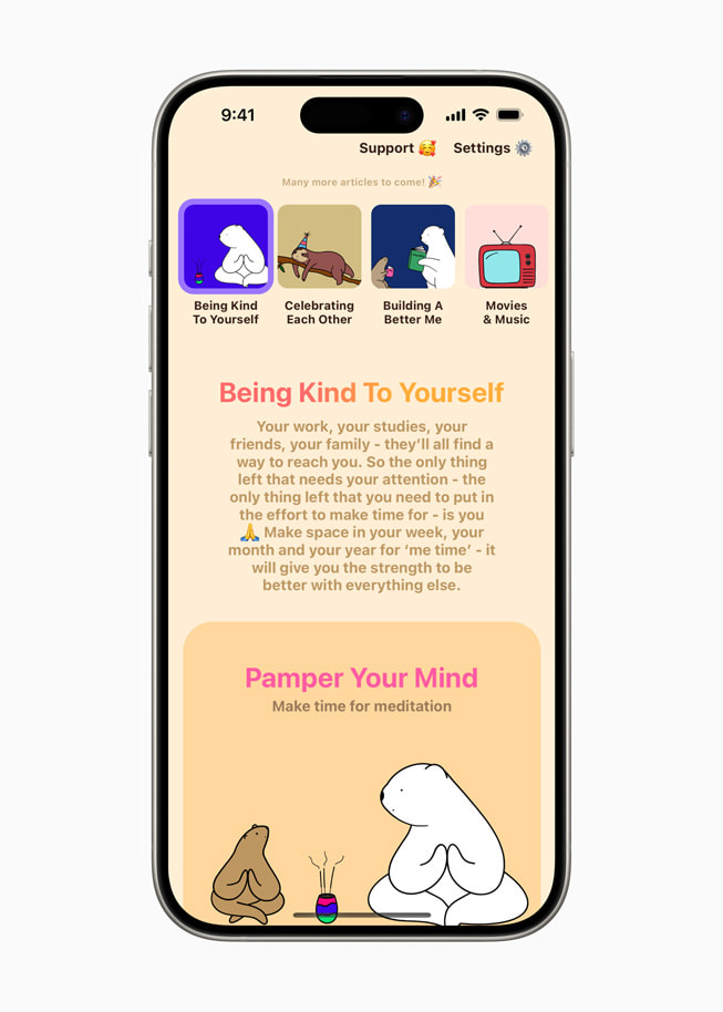 En artikel ved navn Being Kind to Yourself i Bears Gratitude vises på iPhone 15 Pro.