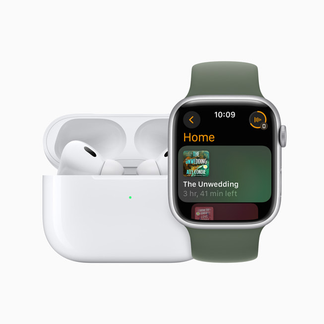 The Unwedding by Ally Condie audiobook is shown on Apple Watch Series 9 next to AirPods Pro.