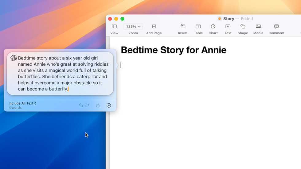Utilizando la herramienta Compose de Pages, un usuario hace una petición para que el sistema escriba un cuento infantil sobre una niña de 6 años llamada Annie a la que se le da genial resolver acertijos.