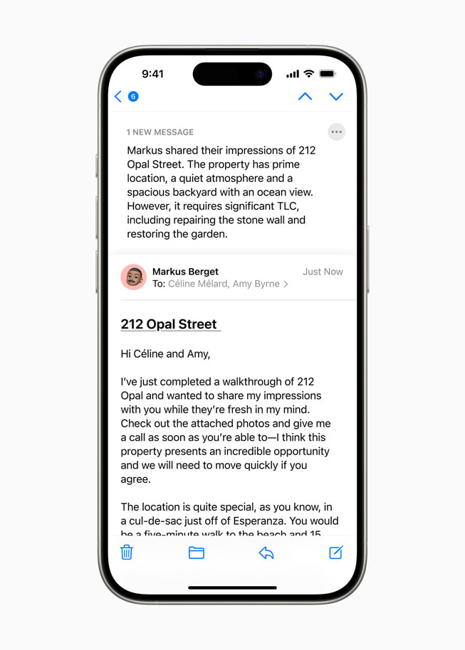 La previsualización del resumen de un email en un iPhone 15 Pro.