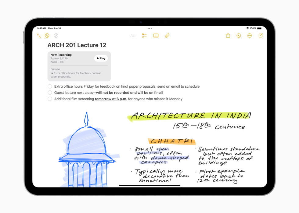 La opción de grabar y transcribir audio en la app Notas en un iPad Pro.