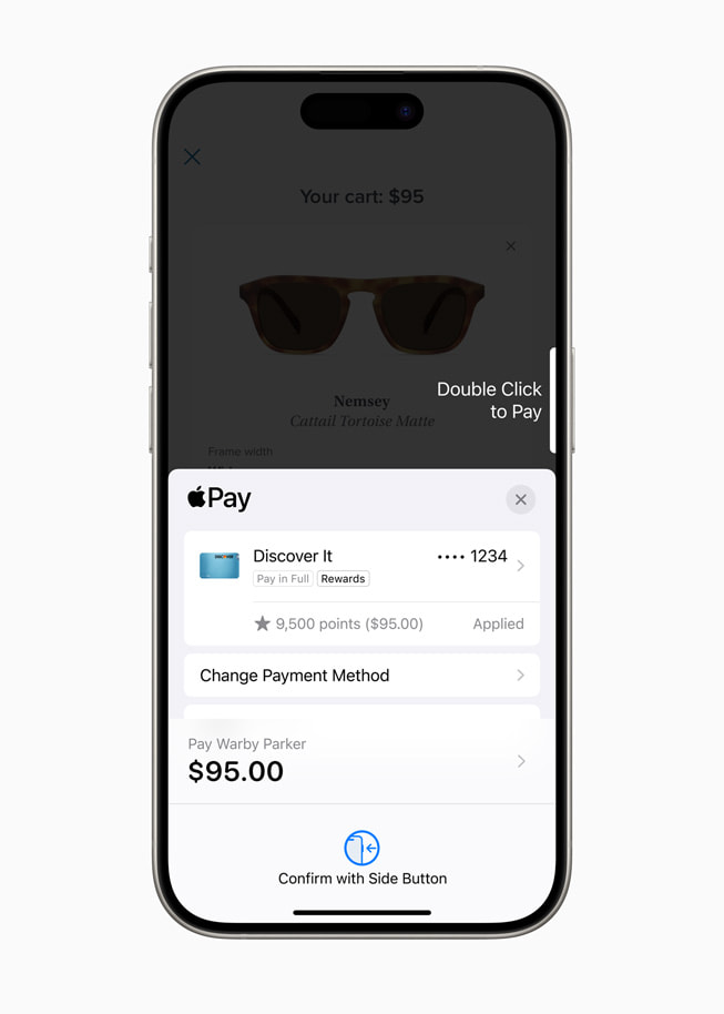 Op een iPhone 15 Pro wordt een aankoop weergegeven die bij Warby Parker met punten is gedaan.