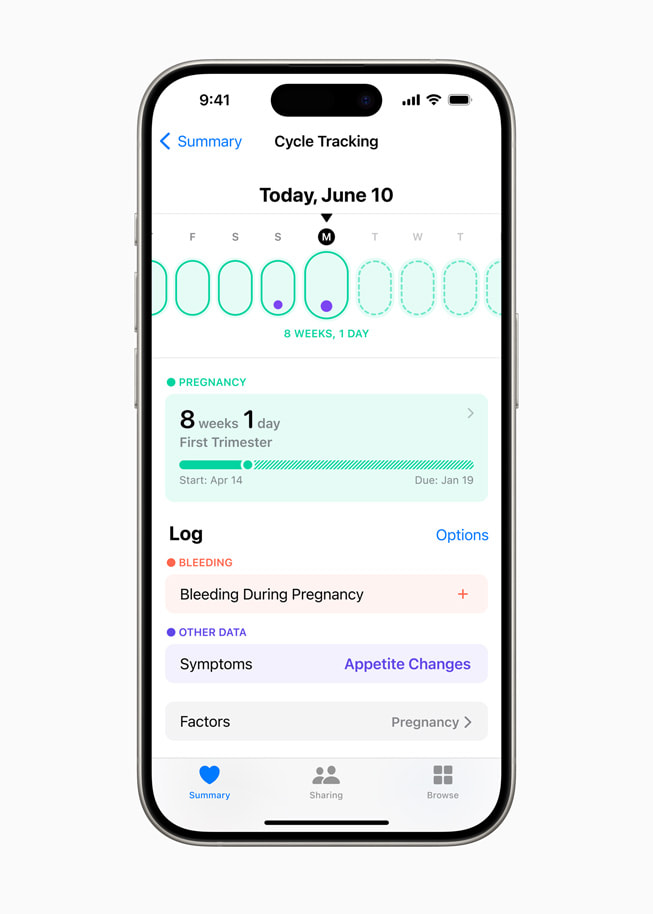 De Gezondheid-app op een iPhone 15 Pro, met een zwangerschapstracker en symptomen.