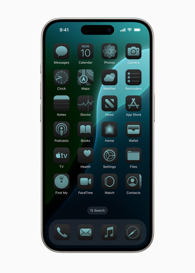 Het beginscherm van een iPhone 15 Pro, met een donker effect op de symbolen en widgets.
