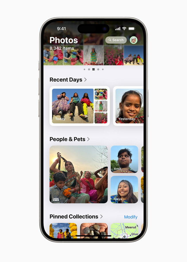 Fotocollecties op een iPhone 15 Pro, genaamd ‘Recent Days’ en ‘People & Pets’.