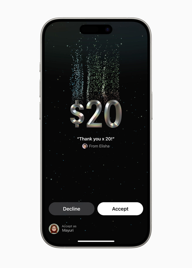 Op een iPhone 15 Pro wordt een Tap to Cash-transactie van 20 dollar weergegeven. Op het scherm staan ook twee knoppen met de woorden ‘Decline’ en ‘Accept’.