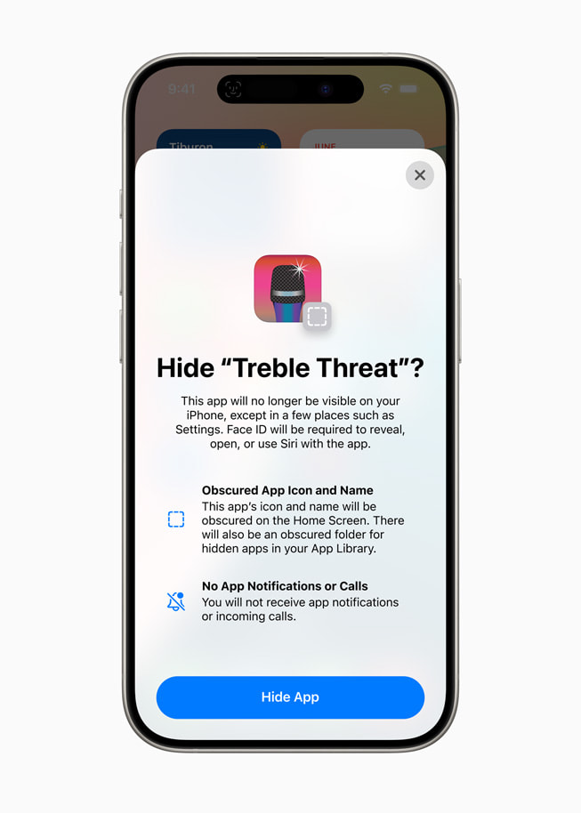 Het scherm van een iPhone 15 Pro met daarop de vraag of de gebruiker een app genaamd Treble Threat wil verbergen.