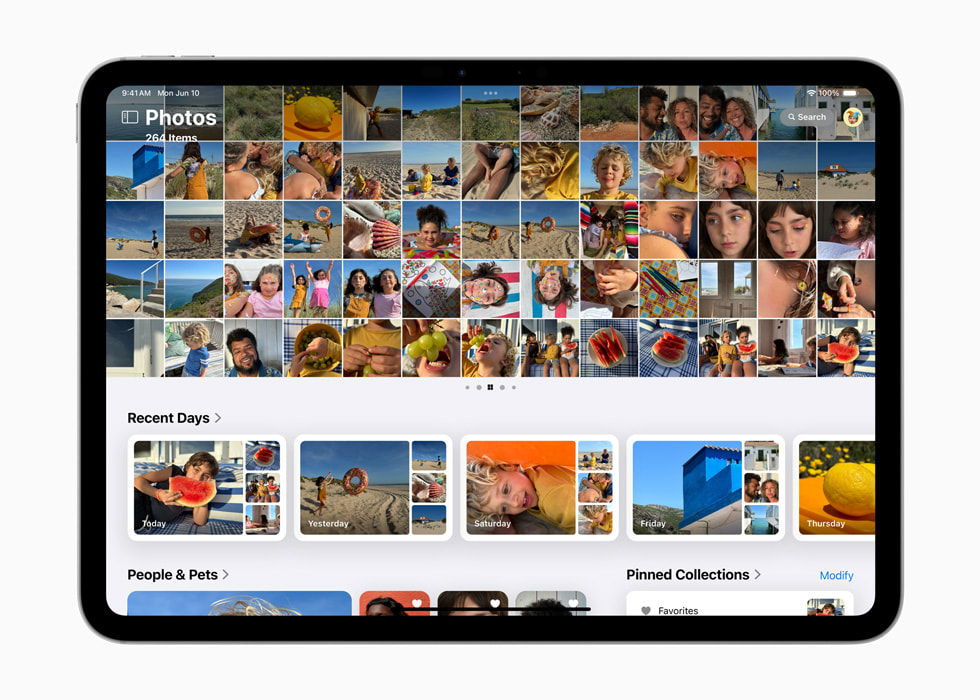 Un iPad Pro muestra la cuadrícula y las colecciones etiquetadas como días recientes, personas y mascotas y colecciones ancladas. 