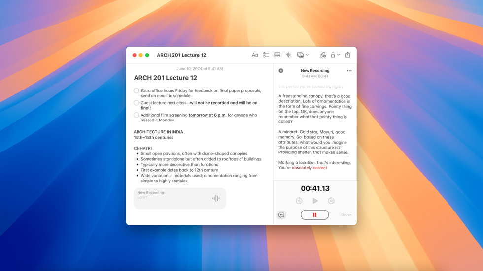 Bir kullanıcının Notlar uygulamasındaki notları, Apple Intelligence ile gelen yeni sesi metne dönüştürme özelliğiyle birlikte gösteriliyor.
