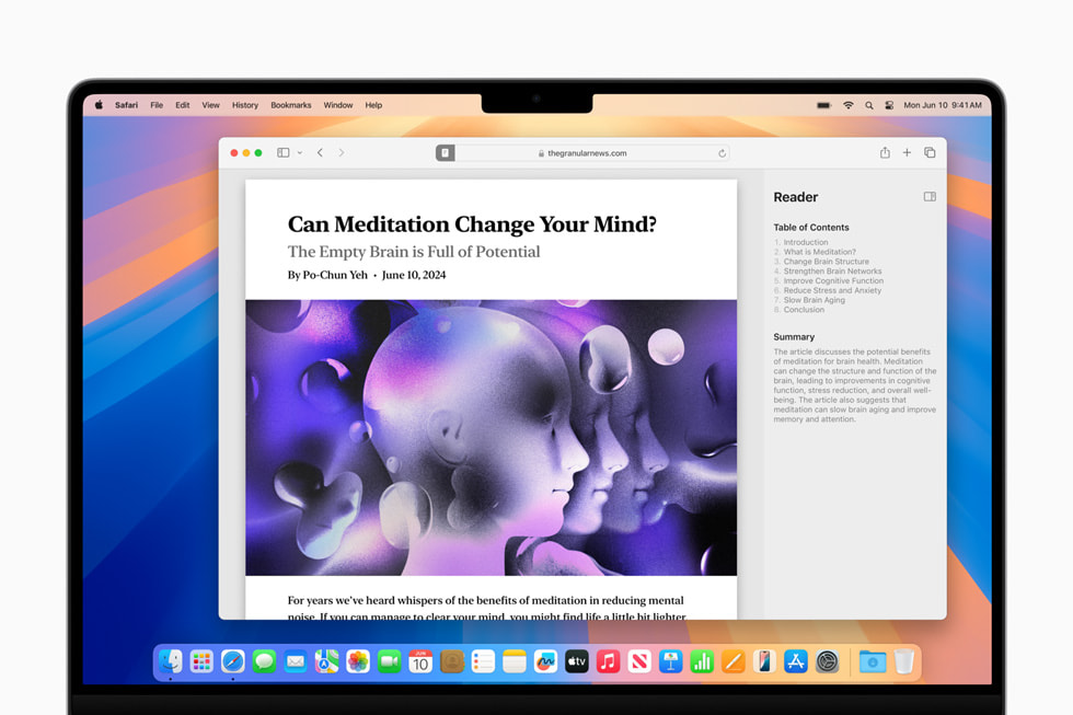 Bir kullanıcının MacBook Pro’sunda, Safari’deki yeniden tasarlanan Okuyucu, pencerenin sağ tarafında içindekiler tablosu ve özetle birlikte gösteriliyor.