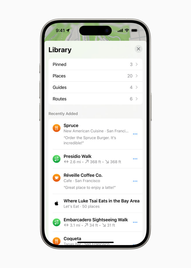 Hình ảnh Places Library hiển thị trong ứng dụng Bản Đồ Apple trên iPhone 15 Pro. 
