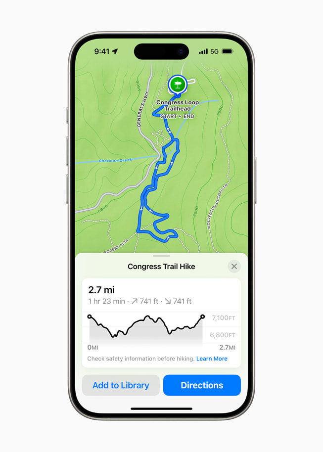 Hình ảnh tuyến đường Congress Trail Hike hiển thị trong ứng dụng Bản Đồ Apple trên iPhone 15 Pro.