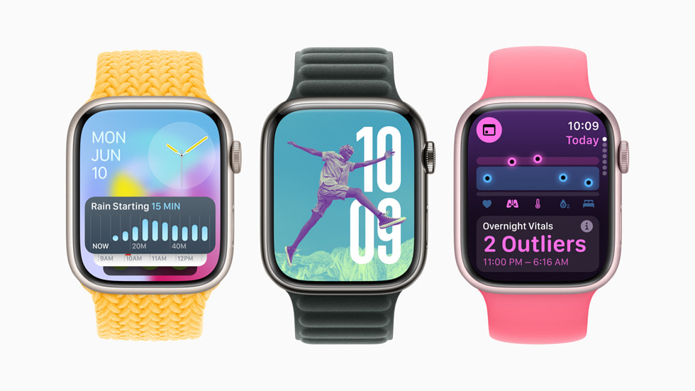 Üç Apple Watch Series 9, watchOS 11’de sunulan yeni özellikleri gösteriyor.