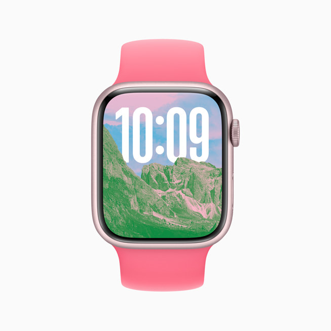 Apple Watch Series 9’daki Fotoğraflar saat kadranı, yüksek dağları gösteriyor.