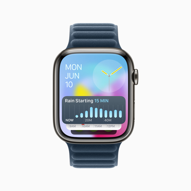 Apple Watch Series 9, Akıllı Gruplama’nın üst kısmında hava durumu araç takımını gösteriyor.