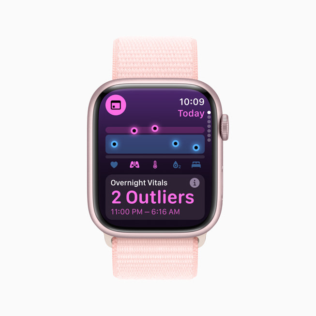 Apple Watch Series 9’daki Vitals uygulaması, kullanıcının gece boyunca ölçülen yaşamsal değerlerindeki sıra dışı değişimi gösteriyor.